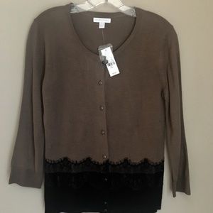 Brown Cardigan Sweater w/ Black Lace Panel NWT